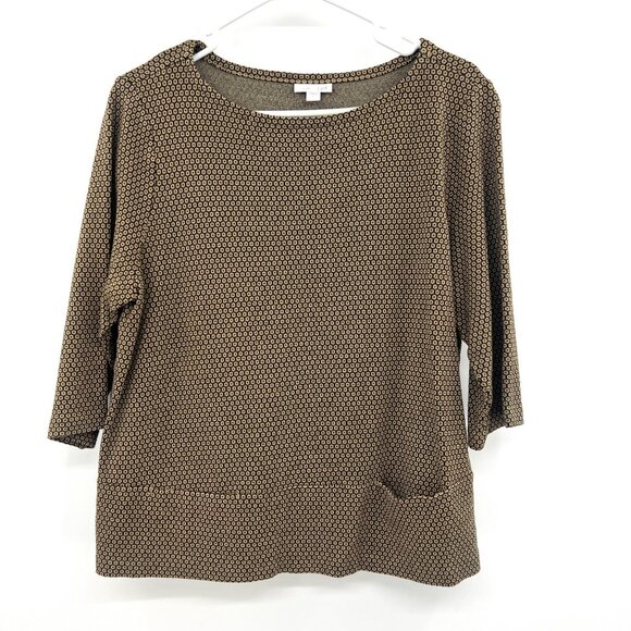 J.Jill Ponte Black Camel Print 3/4 Sleeve Knit Top Women's Large - Picture 1 of 7